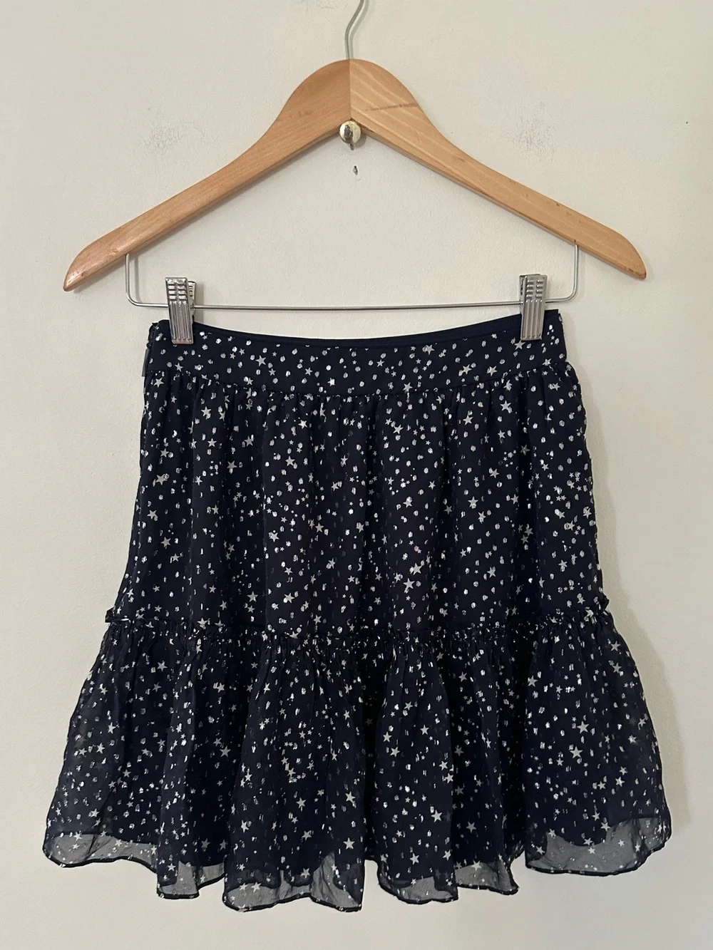Kate Spade Wmn Night Sky Lurex Dot Stars Navy Silver Ruffle Silk Skirt Sz 0